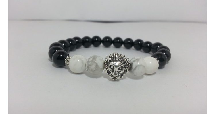 Lion Head Bracelet with Natural Black Onyx & Howlite Beads